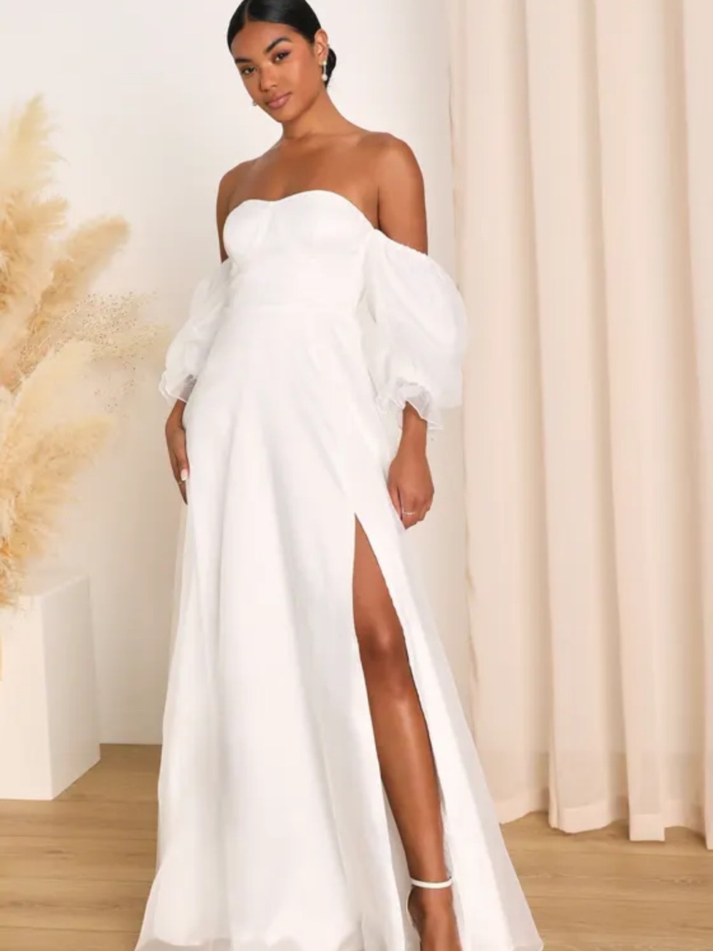 Lulu's White Strapless Puff-Sleeve Gown with Thigh Slit